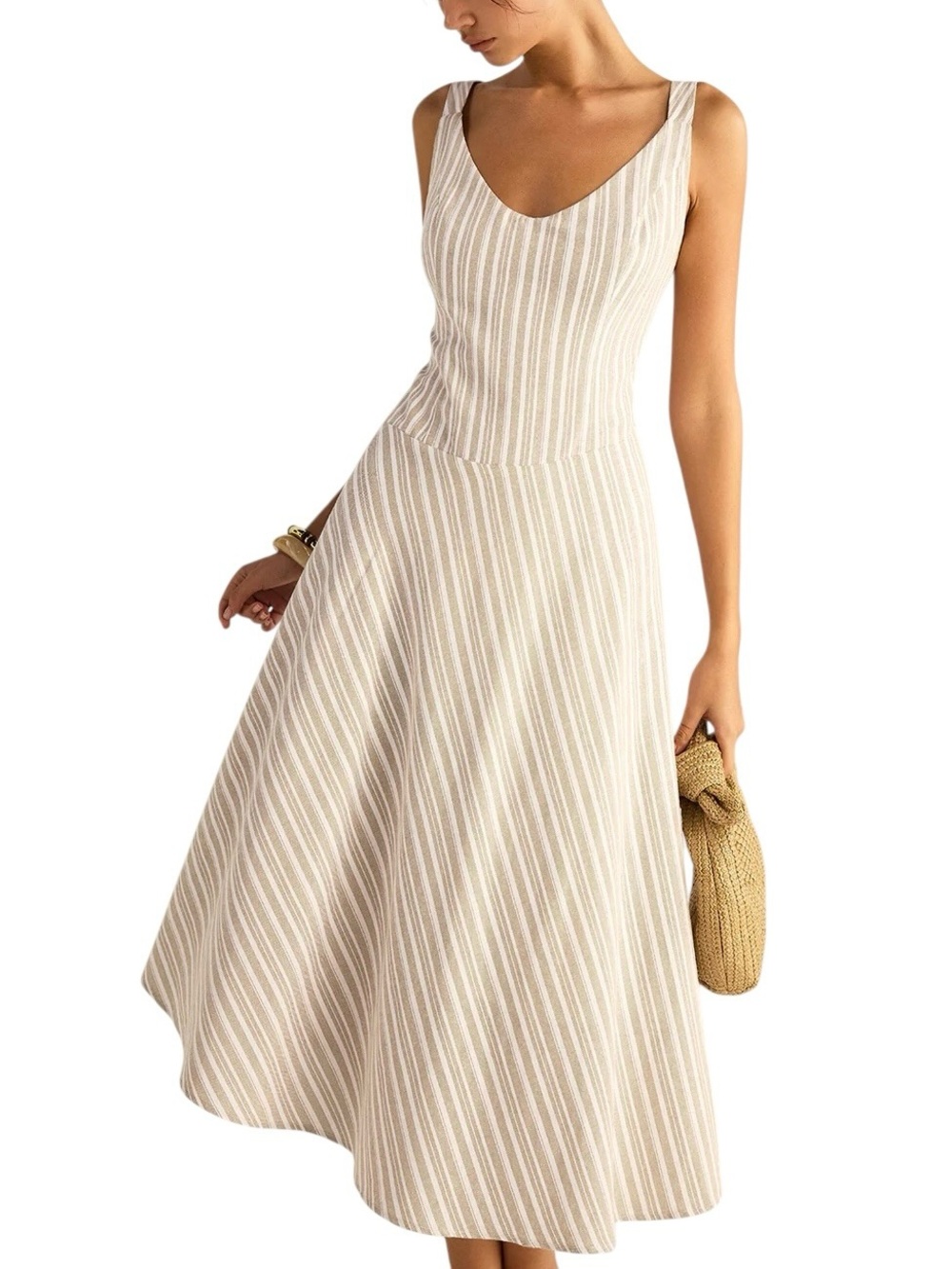 Commense Cream and White Striped Midi Dress